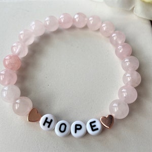 Pulsera con cuentas Hope, pulsera con letras personalizadas, pulsera de cuarzo rosa, pulsera con cuentas de letras personalizadas, palabra personalizada, regalo inspirador