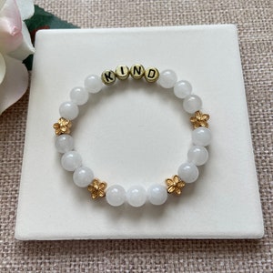 Personalized White Jade Bracelet: Custom Word, Gold Flowers