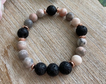 Pink Zebra Jasper Bracelet, Diffuser Bracelet, Lava Bead Bracelet, Essential oil Bracelet, Rose Gold Beaded Bracelet, Lava Stone Bracelet