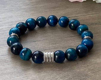 Ocean Blue Tiger's Eye Bracelet: 10mm Gemstone Healing Crystal