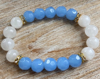 White Jade & Aqua Beaded Bracelet: Crystal Healing Mala