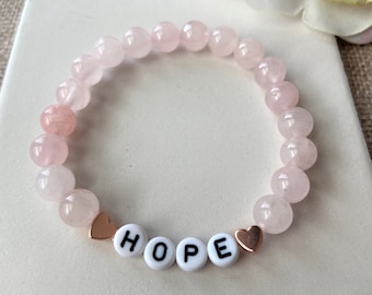 Rose Quartz Beaded Bracelet: Personalized Name, Inspirational Word