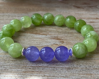 Green Peridot Bead Bracelet, Natural Peridot Bracelet for Women Men, August Birthstone Bracelet, Peridot and Purple Quartz Beaded Bracelet