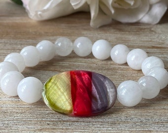 White Jade Gemstone Bracelet: Healing Crystal Mala with Multicolor Bead