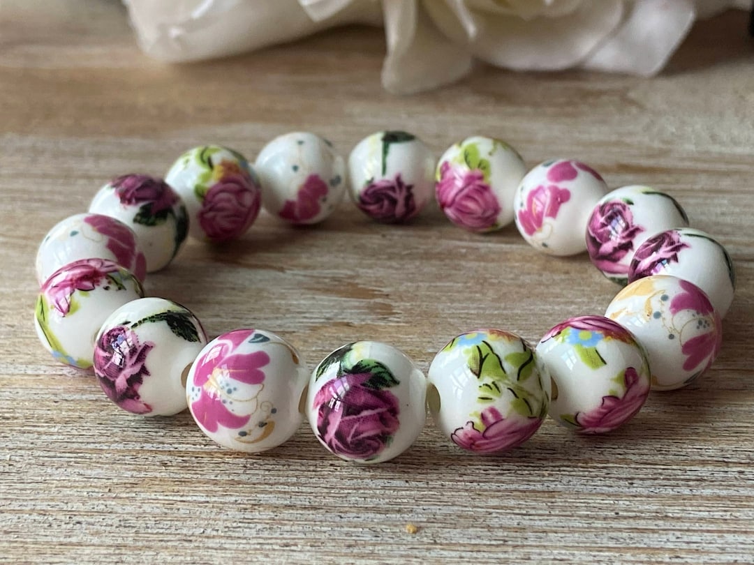Flower Beaded Bracelet, Ceramic Flower Bracelet, Floral Beaded Bracelet ...