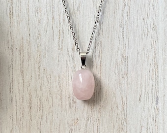 Rose Quartz Pendant Necklace: Stainless Steel Chain, Healing Gemstone