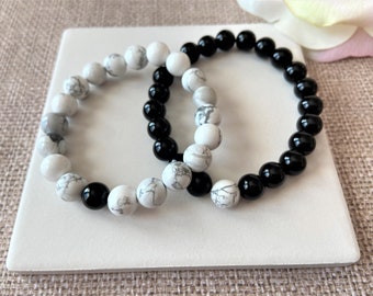 Matching Couples Bracelets: Onyx & Howlite Stone Beads
