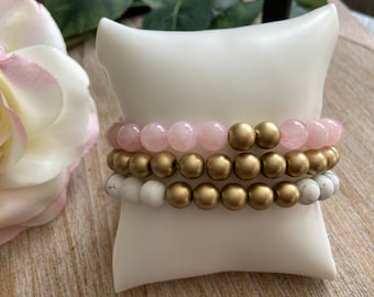 Rose Quartz Howlite Bracelet Set: Custom Beaded Gemstone Stack