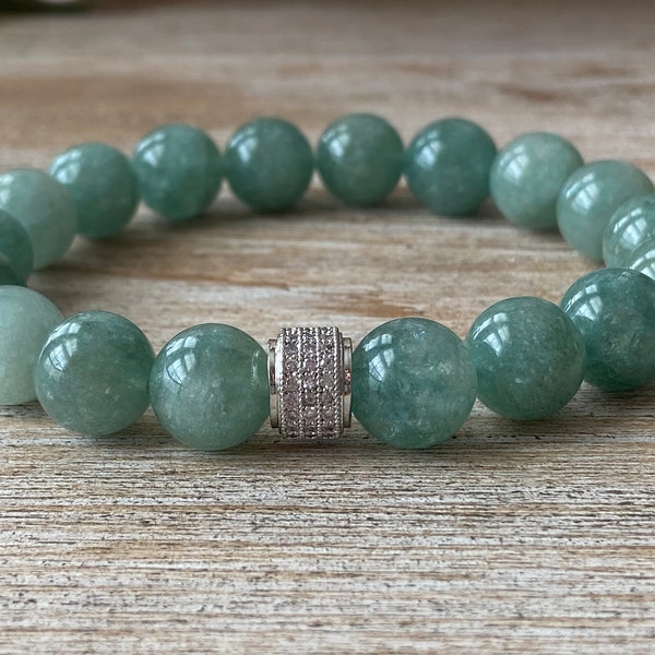 Natural Burmese Jade Gemstone Bead Bracelet, Green Burmese Jade Cubic Zirconia Crystal Bracelet, Men's/Women's Bracelet, Mother's day Gift