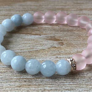Aquamarine Gemstone Bracelet: Light Blue & Pink Glass Beads, March Birthstone