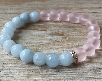 Aquamarine Gemstone Bracelet, 8mm Light Blue Aquamarine and Pink Glass Gemstone Bracelet, March Birthstone Beaded Bracelet, Calming Bracelet