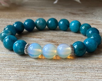 10mm Apatite and Moonstone Beaded Bracelet, Blue Apatite Healing Bracelet, Boho Calming Bracelet, Apatite Jewelry, Anxiety relief bracelet