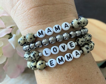 Mama bracelet, name bracelet, dalmation Jasper personalized name bracelet, custom word bracelet, personalized gift, letter bead bracelet