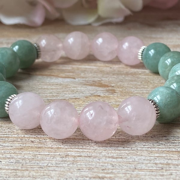 Natural Burmese Jade and Rose Quartz Gemstone Bead Bracelet, Green Burma Jade Beads and Pink Quartz, Green Burmese Jade Rose Quartz Gemstone