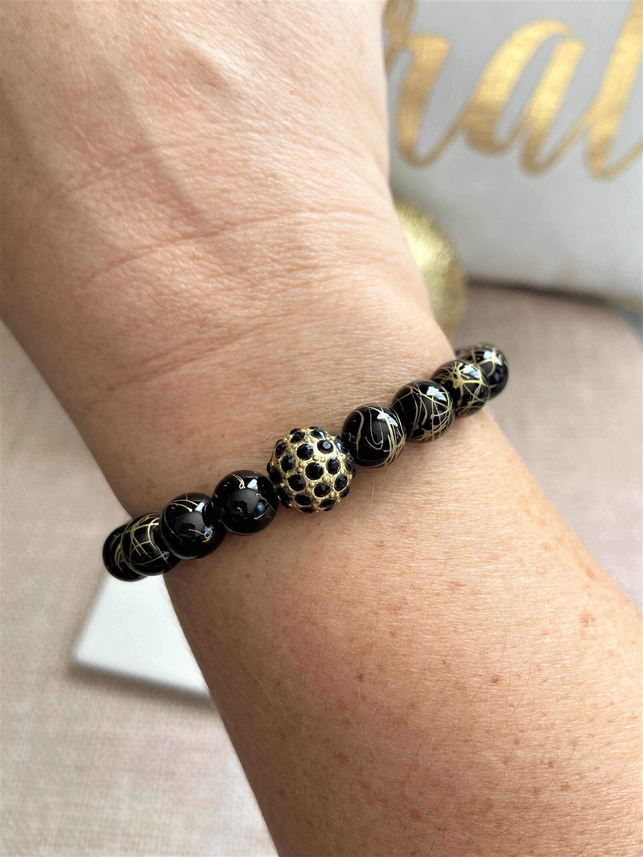 Black and Gold bracelet for women Black and Gold beaded Etsy