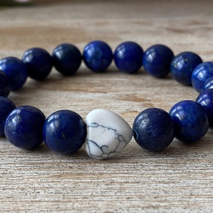 Natural Lapis Lazuli Gemstone Bead Bracelet, Lapis Lazuli and Howlite Healing Crystal Bracelet, Men&#39;s/Women&#39;s Bracelet, Mother&#39;s day Gift