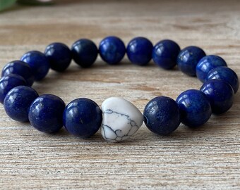 Natural Lapis Lazuli Gemstone Bead Bracelet, Lapis Lazuli and Howlite Healing Crystal Bracelet, Men's/Women's Bracelet, Mother's day Gift