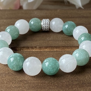 Burmese White Jade Gemstone Bead Bracelet, Green Burmese Jade Cubic Zirconia Crystal Bracelet, Healing Chakra Protection Prosperity Love