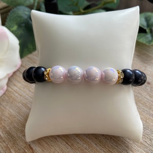 Healing Black Onyx and Pink Pearl Stretchy Beaded Bracelet, Black Onyx Bracelet for Women, Beaded Stretchy Gemstone Bracelet, Gift For Her