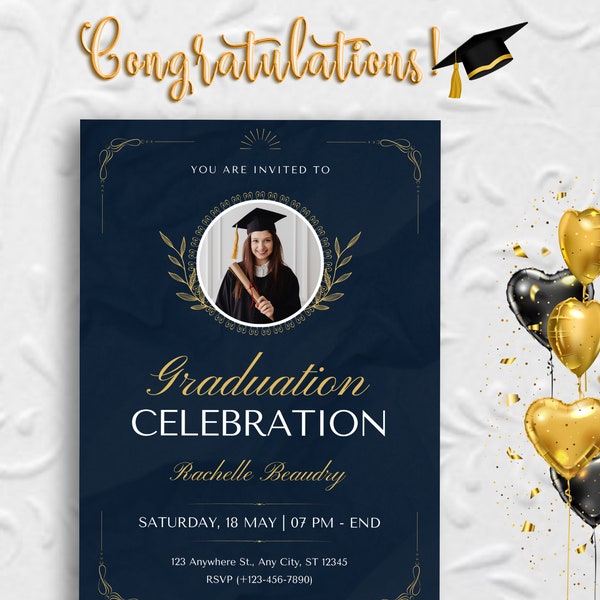 Blue Gold Elegant Graduation Invitation, Vintage Celebration Invite, Classy Event Card, Formal College Grad Stationery, Event Stationery