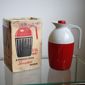 Vintage Schwedische Thermokaffee Karaffe 1960er Jahre Skaraplast Vakuum Thermoskanne + Original Box