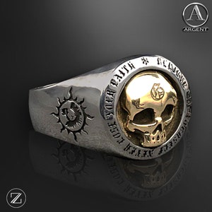 Silver ring, skull biker signet ring, rock jewelry.