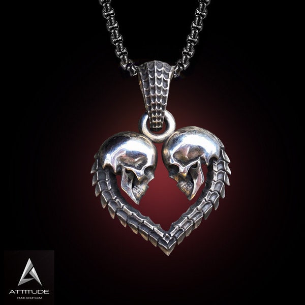 Pendentif double tête de mort Coeur, Collier Pendentif Mode Unisexe Bijoux Gothique Couple Pendentifs Cadeau Pendentif Hommes femmes.