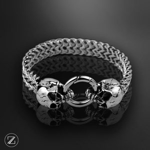 SKULL Armband, Schedel Armband, Staal, Dubbele Schedel, Schedel Armband