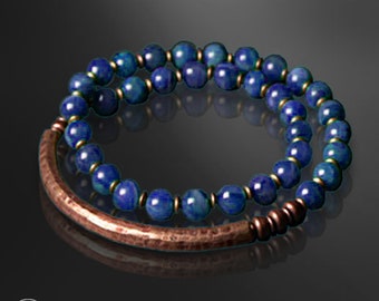 Lithotherapy bracelet in copper and Natural lapis lazuli pearls 10 mm