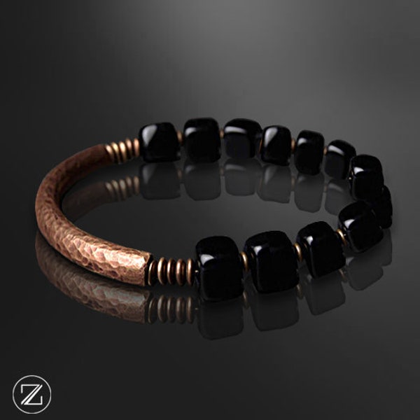 bracelet in copper and black obsidian stone COPPER oxidized MARTELÉ by hand, bracelet for men and women, comfort of the joints.