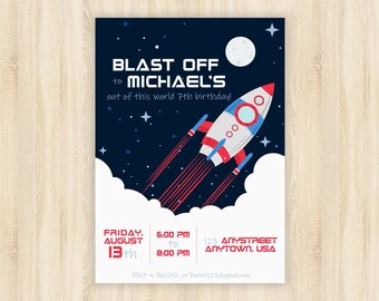 Outer Space Invitation, Birthday, Party Invitation, Boy, Girl, Out of This World, Space, Stars, Moon, Spaceship, Rocket