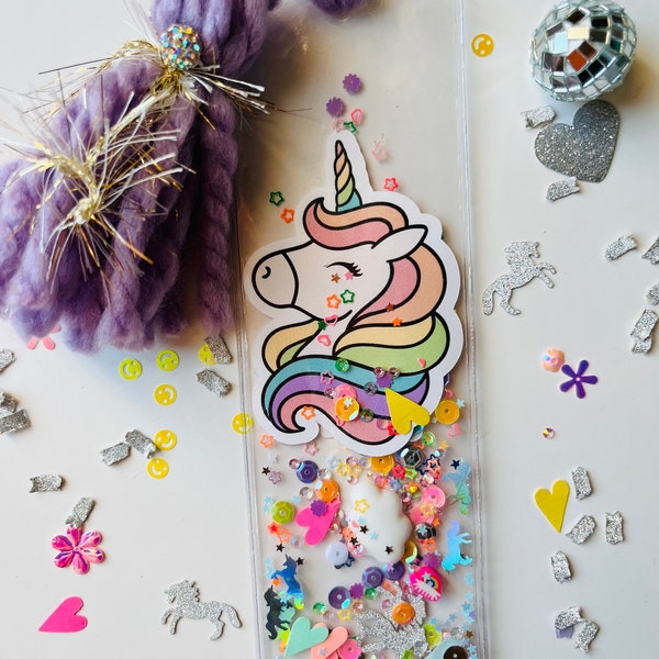 Unicorn Dreams Shaker Bookmark, Kids Gifts, Book Accessories, Girl, Birthday, Glitter, Magical