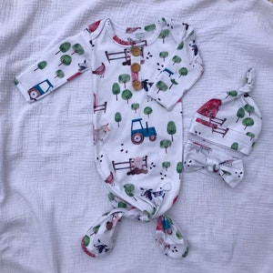 FARM Organic Cotton Knotted Gown,0-3 months, Going Home Set, Shower Gift, New Baby, Gender Neutral