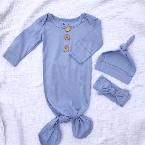 Periwinkle Blue Organic Cotton Knotted Gown,0-3 Months, Going Home Set, Shower Gift, New Baby, Photo Prop, Gender Neutral