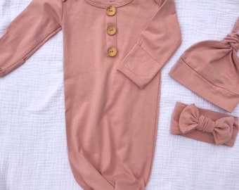 Dusty Rose Organic Cotton Knotted Baby Gown, Newborn Gift Set