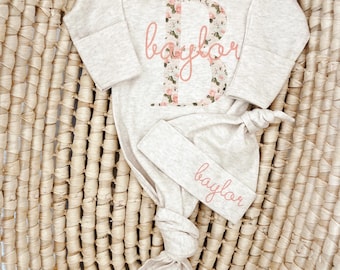 Personalized Baby Name Knotted Gown,Birth Announcement Gift, Oatmeal Cotton Blend, 0-3 Months, Baby Coming Home Outfit, Shower Gift