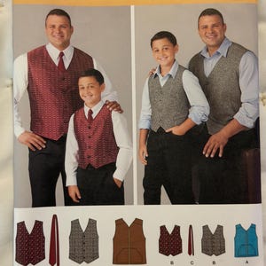 May include: Simplicity sewing pattern 1506 A for vests and ties in sizes S-L and 1XL-5XL. The package displays illustrations of vests in red patterned, grey tweed, and solid brown fabrics, along with matching ties and bow ties for various looks.