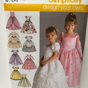 Simplicity 4764 Prinsessklänning för flickor, sömnadsmönster, storlek 3-6, oklippt blomflickklänning