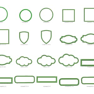 Puede incluir: Un conjunto de 15 formas de contorno verde para bordar o manualidades. Las formas incluyen círculos, cuadrados, rectángulos, escudos y formas de nubes. Las formas están etiquetadas con sus dimensiones en centímetros.