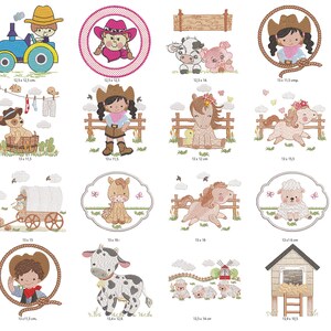 Könnte beinhalten: Ein Set mit 12 Stickmotiven mit Bauernhoftieren, einem Cowboy, einer Cowgirl, einem Traktor, einem Wagen, einem Stall und einer Windmühle. Die Motive sind in verschiedenen Farben und Größen gehalten und eignen sich perfekt, um Ihren Projekten einen Hauch von Landhauscharme zu verleihen.