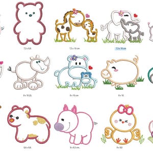 Puede incluir: Una colección de diseños de animales bordados, incluyendo cerdos, un oso, jirafas, elefantes, un rinoceronte, hipopótamos, un pollito y un búho. Cada diseño presenta un contorno blanco con acentos coloridos, para manualidades.