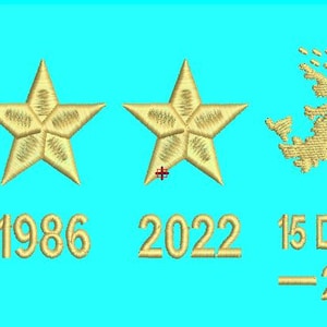 Puede incluir: Un diseño de bordado sobre fondo cian brillante con tres estrellas doradas sobre los años 1978, 1986 y 2022. A la derecha, una forma de mapa bordada en oro sobre el texto 15 DE JULIO y 2026 con líneas horizontales a cada lado.