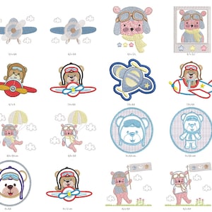 Op de afbeelding: Een set van 12 borduurmotieven met een schattige berenpiloot in verschillende poses. De ontwerpen omvatten de beer die een vliegtuig bestuurt, een vlag vasthoudt, een parachute draagt en meer. De ontwerpen zijn perfect om een vleugje whimsy aan je projecten toe te voegen.