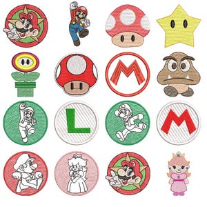Pode incluir: Uma coleção de patches bordados com personagens e símbolos da série de videojogos Super Mario. Inclui Mario, Luigi, Princesa Peach, cogumelos, estrelas e as letras "M" e "L". Os patches são em várias cores.