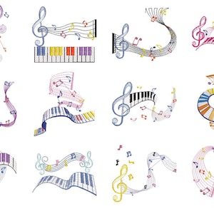 Puede incluir: Un conjunto de 10 diseños de bordado que presentan notas musicales, claves de sol y teclas de piano. Los diseños son de varios colores, incluyendo rosa, azul, amarillo y verde.
