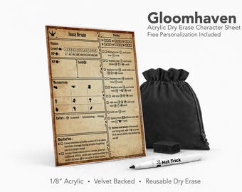 Oversized Gloomhaven Character Sheet Acrylic | Reusable Dry Erase Campaign Tracker | Velvet Backed