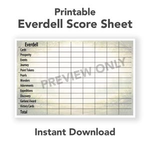 Puede incluir: Hoja de puntuación imprimible de Everdell con una cuadrícula para rastrear elementos del juego como Cartas, Prosperidad y Cartas de Victoria. La hoja incluye el texto "Vista previa SOLAMENTE" y "Descarga instantánea".