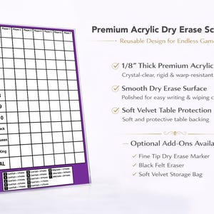 Op de afbeelding: Een rechthoekig premium acryl droog uitwisbaar scorebord met een paarse rand en een raster voor het bijhouden van spelscores. Het bord bevat kolommen voor spelers en rijen voor gedeelde kaarten, wildcards en een totaalscore.
