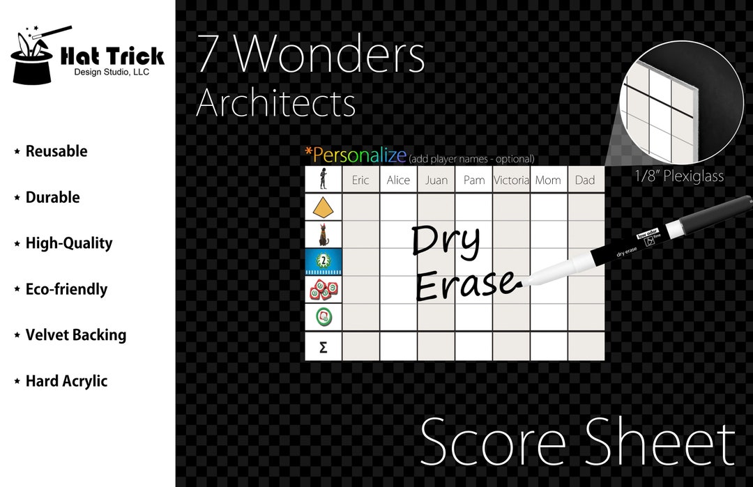 Hard Acrylic Deluxe 7 Wonders Architects Score Sheet Plaque, Score Pad,  Score Card, Dry Erase, Reusable, Plexiglass, Eco-friendly 