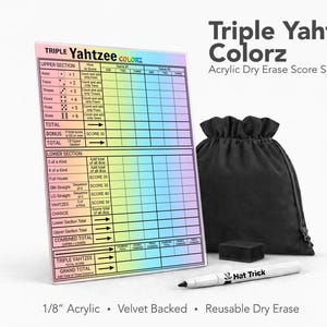 Triple Yahtzee Colorz notblad, hård akryl, återanvändbar whiteboard
